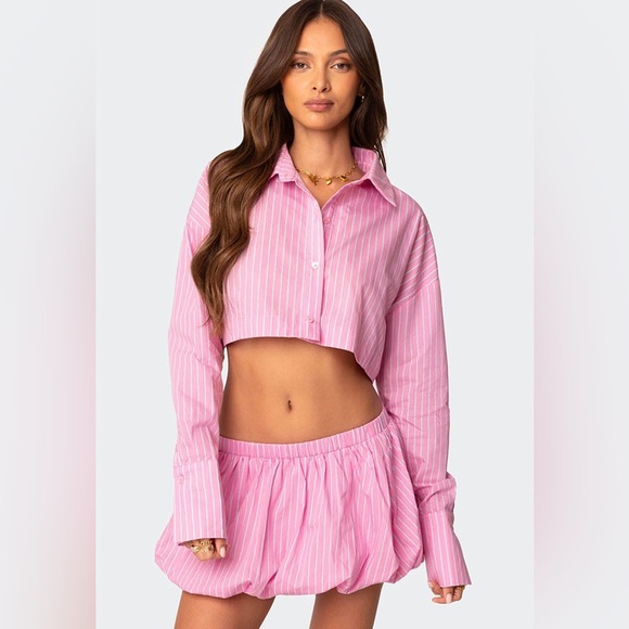 Edikted Pinstripe Cropped Button Up Shirt - Picture 2 of 8